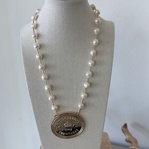 Pearl Beaded Necklace with Gold Champagne Medallion